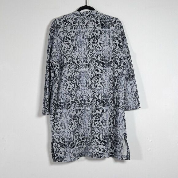 Clara Sun Woo Longline Cardigan Womens Sz L Blue Gray Open Front Scroll Filigree - Picture 4 of 12